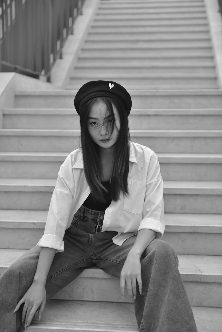 Black and white portrait of a woman in casual attire sitting on marble stairs, exuding a cool and stylish vibe.